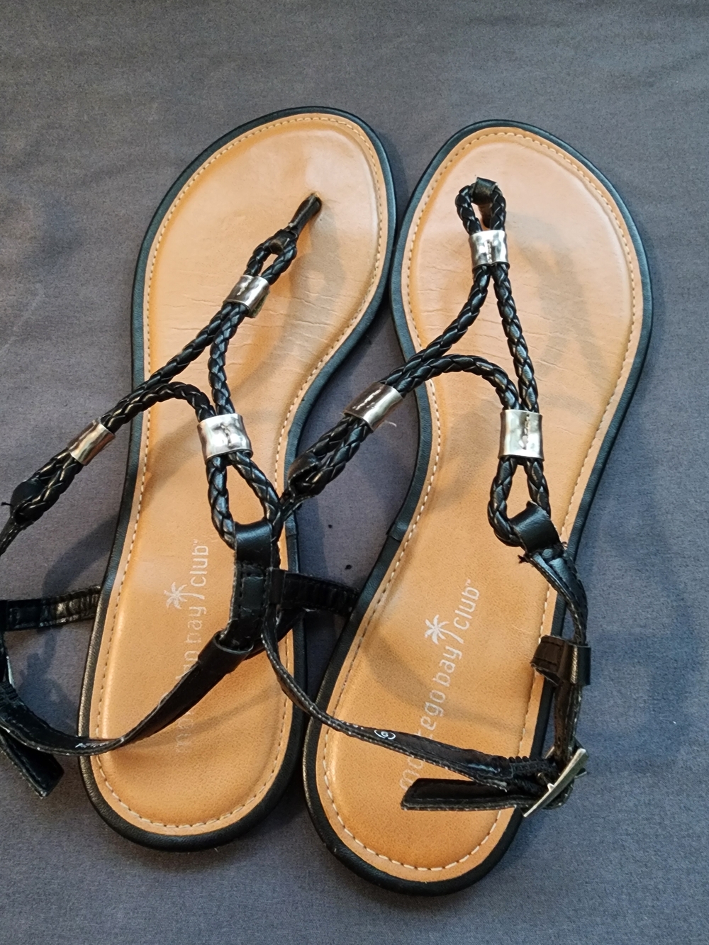 Montego Bay Club Black Braided T-Strap Sandals Womens Size 9